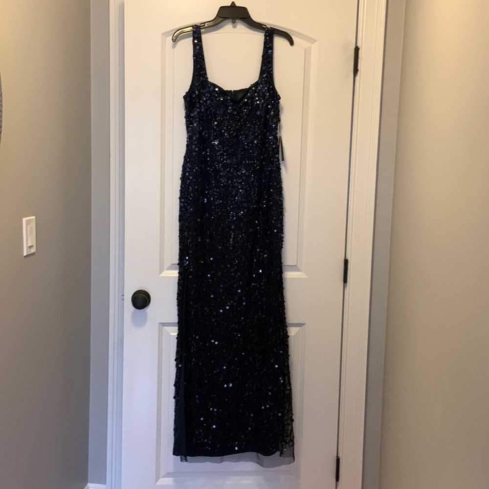 NWT navy blue beaded full length Adriana Papell gown.